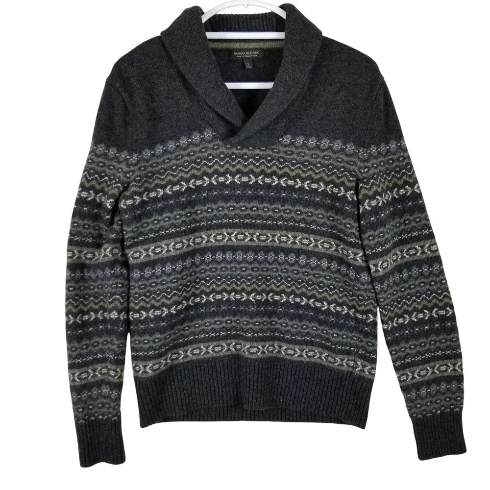 Banana Republic Mens Merino Wool Fair Isle Shawl Collar Sweater Gray Olive Small